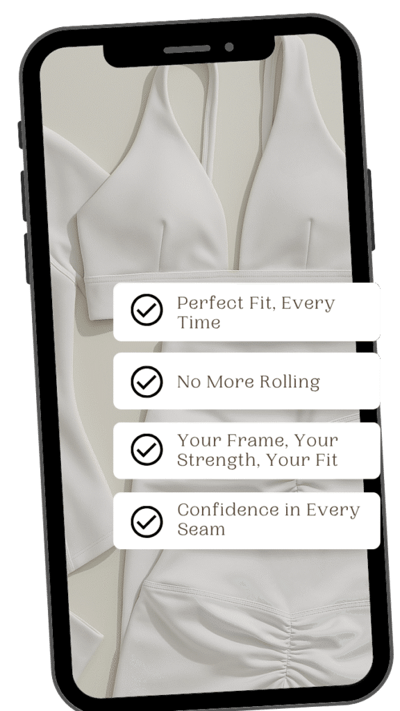 Petite sports bras on phone showing perfect fit benefits: no rolling, custom sizing for petite women.